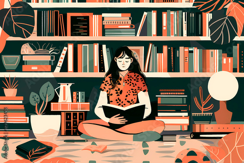 A vivid depiction of a woman absorbed in reading a book amidst the lush interiors of a cozy, plant-filled room
