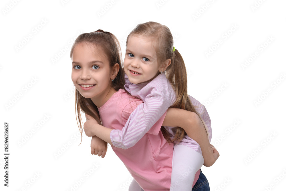 Portrait of cute little sisters on white background Portrait of cute little sisters on white background