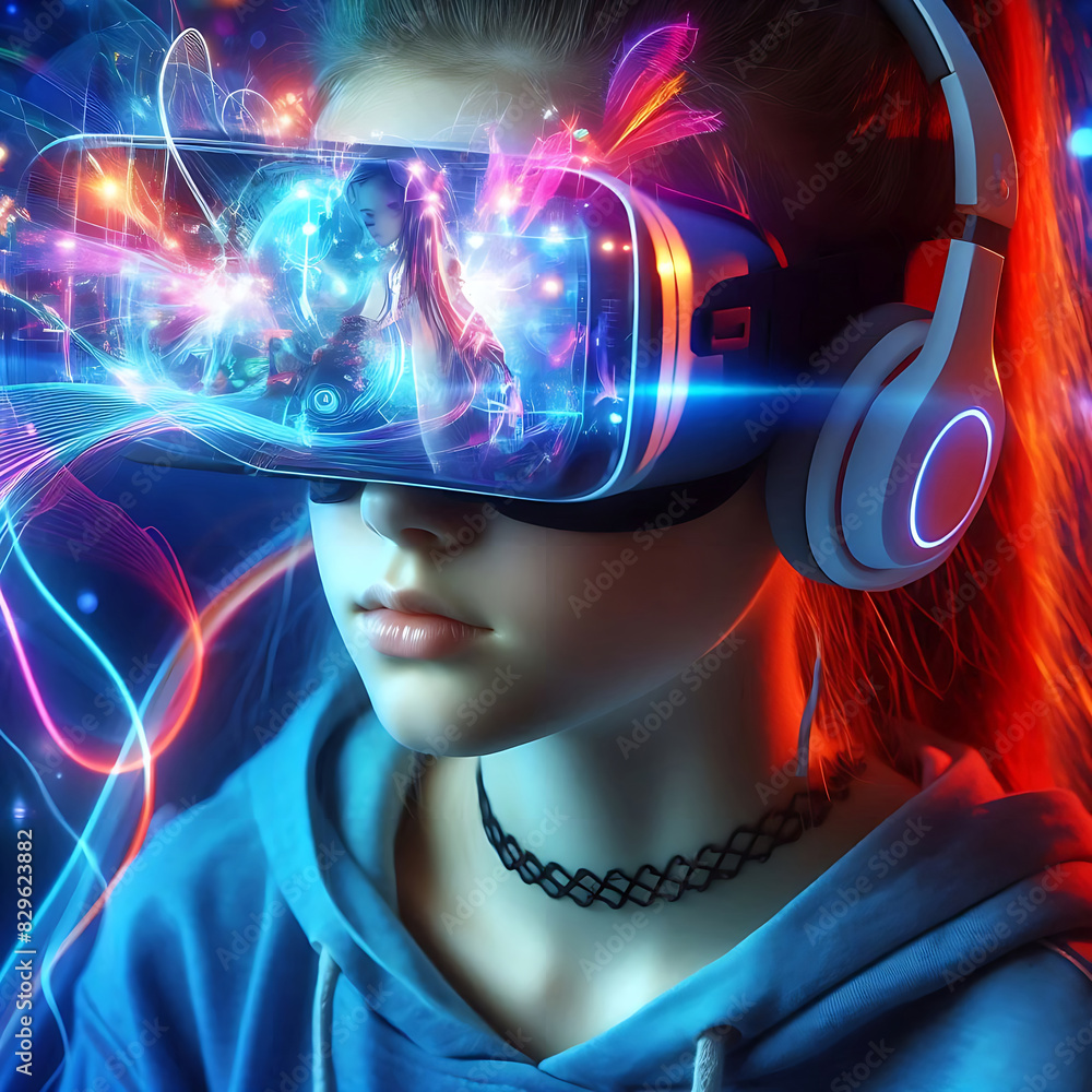 Fototapeta premium VR glasses on a girl. Virtual reality