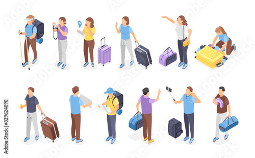 Isometric tourists with luggage. People travel with backpack and bags, hiking and vacation. Isolated men women with suitcases, flawless vector set