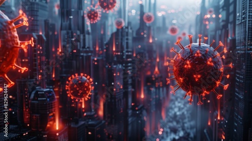 Futuristic cityscape infested with illuminated viruses, depicting technological dystopia and outbreak scenarios. photo