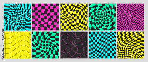 Square psychedelic checkerboard acid backgrounds with warped swirl grid tile, wavy lines. Twisted checkered seamless pattern in trendy y2k style. Distorted chessboard cover set with distortion effect.