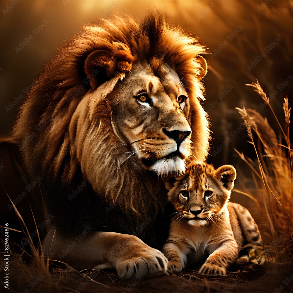 Naklejka premium A majestic lion and his playful cub sit together in the tranquil beauty of the African savanna, basking in the warm glow of a golden sunset.