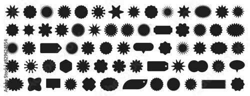Starburst badge or promotional label set. Retro black wavy edge circle stickers, price promo tags, discount or special offer design emblems. Empty vintage sale star burst callouts or sunburst symbols.