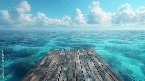Scenic view of a wooden pier extending into clear turquoise ocean waters under a sky dotted with fluffy white clouds. © Pairat