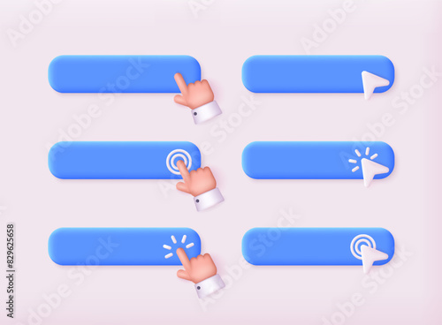 Set of 3d buttons with hand pointer clicking. Navigation search for web browser. 3D Web Vector Illustrations.