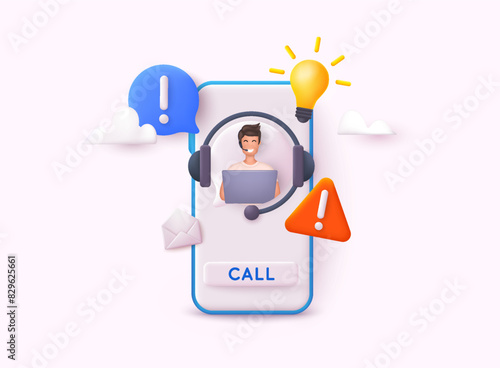 Call center, online customer support. Contact Us Customer Service For Personal Assistant Service, Person Advisor and Social Media Network. 3D Web Vector Illustrations.