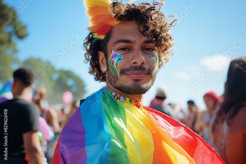 Featuring a  man dressed in a rainbow flag with curly hair, high quality, high resolution © Linh