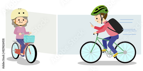 スマホを見ながら自転車に乗る男性と自転車に乗るシニア女性