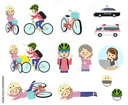 シニア女性とスマホを見る男性の自転車事故　セット