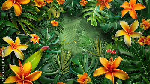 Tropical foliage with vibrant flowers and lush green leaves AI generated