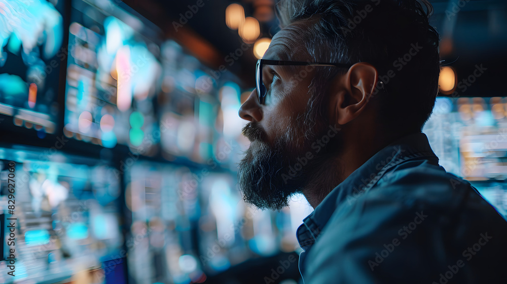 Close-up Shot of man IT Engineer Working in Monitoring Room. He Works with Multiple Displays. Data analytics Close-up Shot of man IT Engineer Working in Monitoring Room. He Works with Multiple Displays. Data analytics