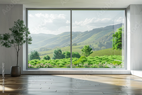 3D rendering of interior modern room and green landscape in window.