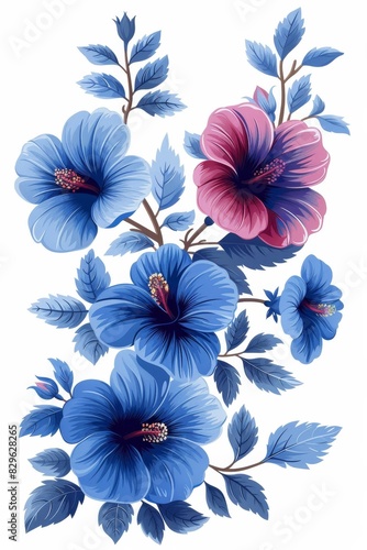 Blue and Pink Flowers on White Background photo