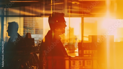 A tech startup CEO in a dynamic office  discussing strategy with the team  double exposure silhouette