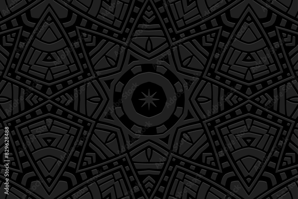 Embossed black background, tribal cover design, boho style. Geometric vintage artistic 3D pattern. Ethnic mandala, ornaments, arabesques, handmade East, Asia, India, Mexico, Aztec, Peru.