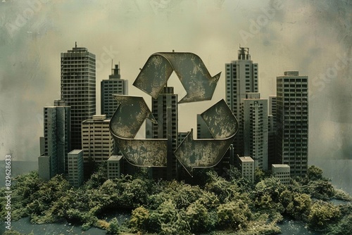 Design a flat minimalstyle 3D illustration of a recycle icon with a circular arrow enveloping a clean cityscape photo