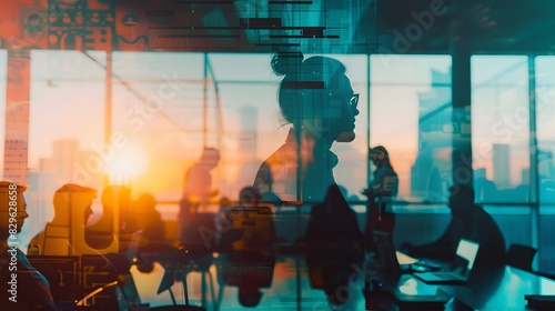 A tech startup CEO in a dynamic office, discussing strategy with the team, double exposure silhouette photo