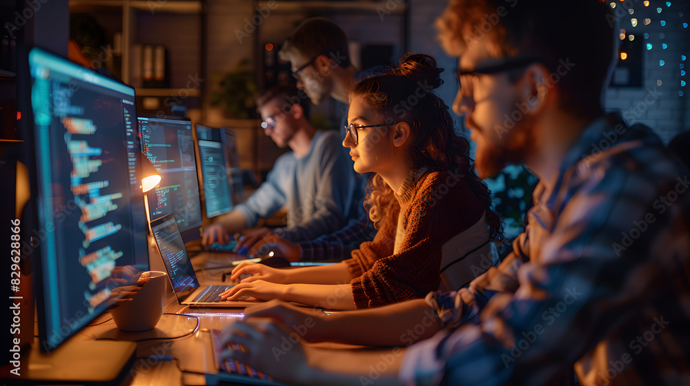 A scene showcasing a team of software developers coding, collaborating, and testing applications in a modern development environment A scene showcasing a team of software developers coding, collaborating, and testing applications in a modern development environment