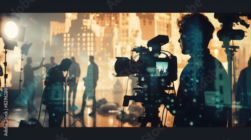 A film director on a busy set, guiding actors through a complex scene, double exposure silhouette photo