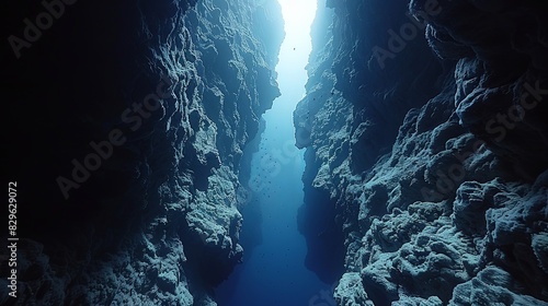 A deep blue ocean with a narrow passage between two cliffs photo
