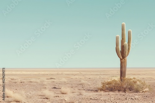 Minimalist desert landscape with lone cactus, muted tones, clean horizon against sky photo