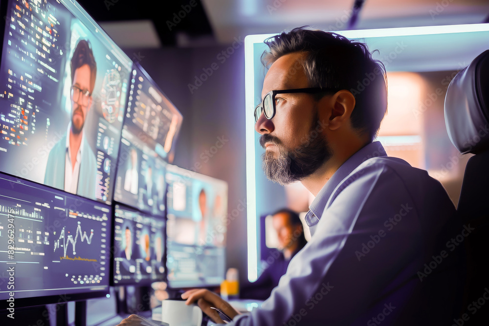 Man working in a modern office with multiple computer screens. Focused professional analyzing data and participating in a corporate meeting. Man working in a modern office with multiple computer screens. Focused professional analyzing data and participating in a corporate meeting.
