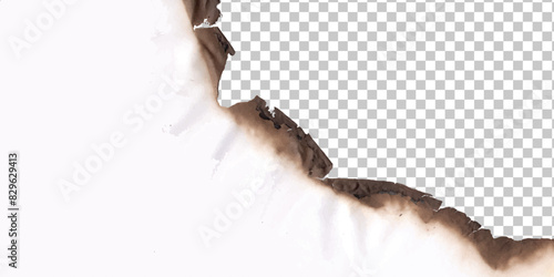 Burn in paper with brown edges and flames isolated on transparent background