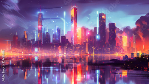 A stunning futuristic cityscape illuminated with vibrant neon lights and reflecting on water  creating a captivating urban skyline at night.
