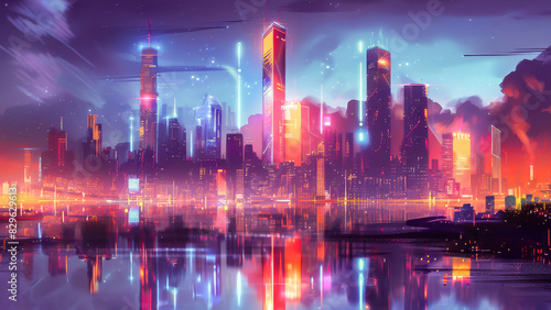 Wallpaper Mural A stunning futuristic cityscape illuminated with vibrant neon lights and reflecting on water, creating a captivating urban skyline at night. Torontodigital.ca