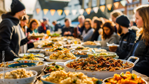 An outdoor community event with people enjoying a variety of dishes from a buffet. The atmosphere is festive and social with friends and neighbors sharing a meal. photo