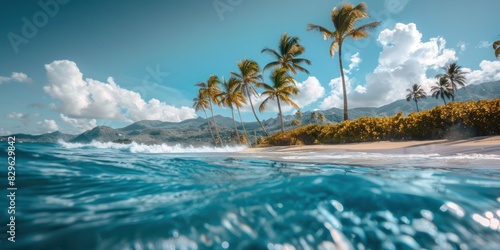 Beautiful ocean with palm trees on sandy beach  Tropical island background.