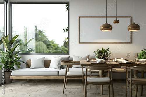 A modern luxury home dining room or restaurant dining area interior with a table, chairs, a comfy corner couch against the window, a modern pendant lights, a frame on wall. 3d render, 3d illustration. photo
