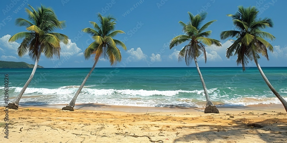 Obraz premium A beautiful beach scene with palm trees and a blue ocean