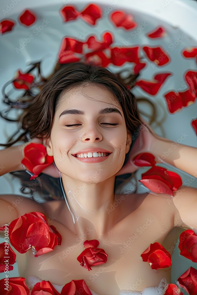 A woman takes a bath with rose petals. Selective focus. A woman takes a bath with rose petals. Selective focus.