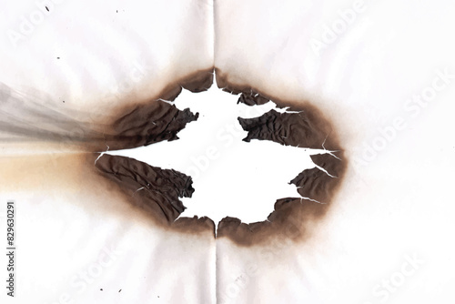 Realistic holes burn in paper with brown edges and flames isolated on transparent background