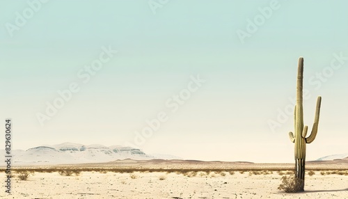 Minimalist desert landscape with lone cactus, muted tones, clean horizon against sky