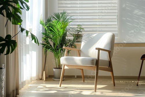 White Mockup poster blank frame on a pastel-colored wall with minimalistic furniture. Beautiful simple AI generated image in 4K  unique.
