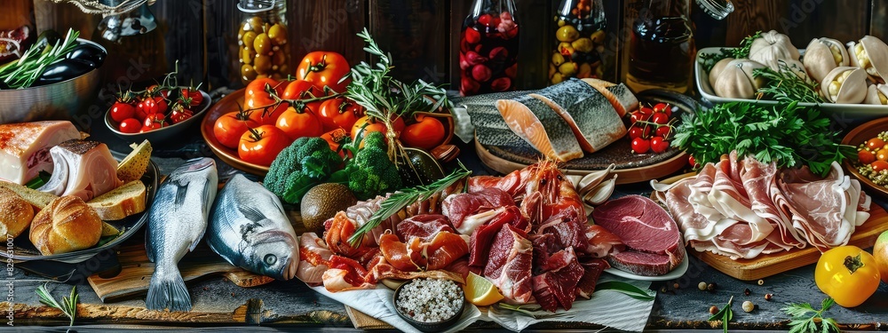 Farm vegetables, meat, fish on the table. Selective focus. Farm vegetables, meat, fish on the table. Selective focus.