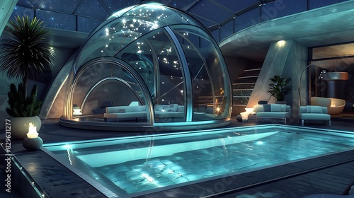 A pool with a futuristic glass dome  allowing stargazing while swimming at night