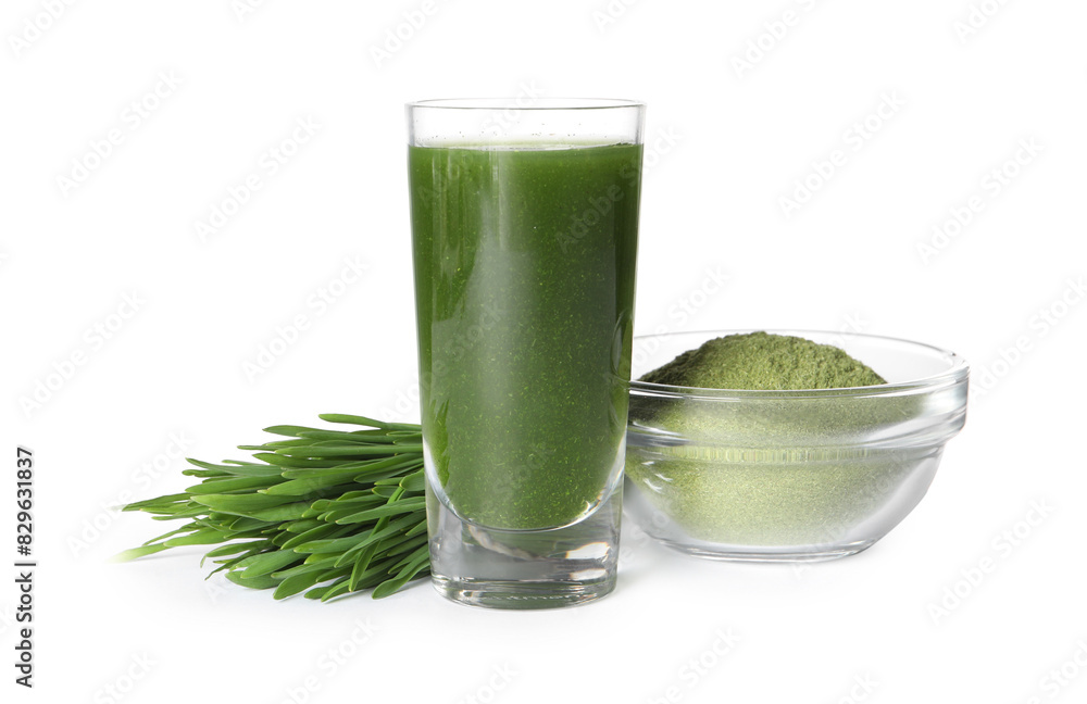 Wheat grass drink in shot glass, fresh sprouts and bowl of green powder isolated on white Wheat grass drink in shot glass, fresh sprouts and bowl of green powder isolated on white