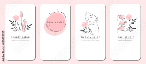 Beauty salon icon set for and nail studio. Manicure, makeup, hairdressing. Beautiful woman face, nail polish. Vector illustrations