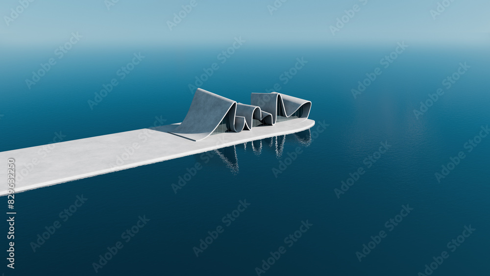 Minimalist architectural design on water. 3D render of abstract wavy buildings on a pier over the ocean. Modern and tranquil architecture concept. Minimalist architectural design on water. 3D render of abstract wavy buildings on a pier over the ocean. Modern and tranquil architecture concept.