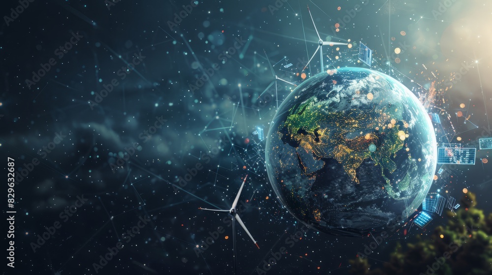Naklejka premium A digital rendering of Earth with green energy symbols like wind turbines and solar panels, green Planet, dynamic and dramatic compositions, with copy space
