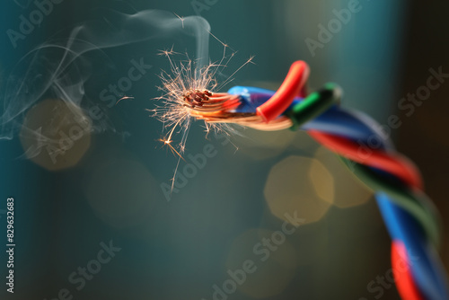 Photography Sparking wiring on blurred background, closeup view