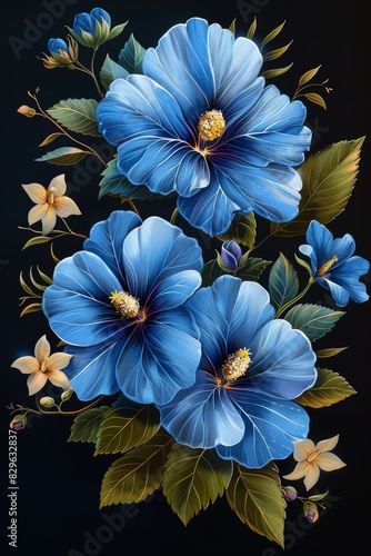 Blue Flowers Painting on Black Background