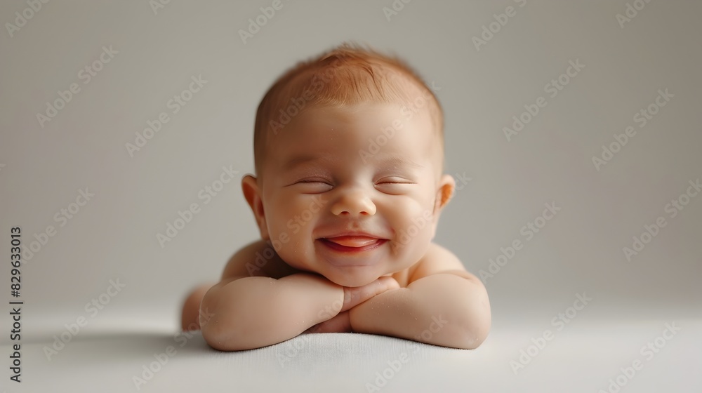 Cheerful Newborn Baby with Beaming Grin and Charming Personality on Simple White Background Cheerful Newborn Baby with Beaming Grin and Charming Personality on Simple White Background