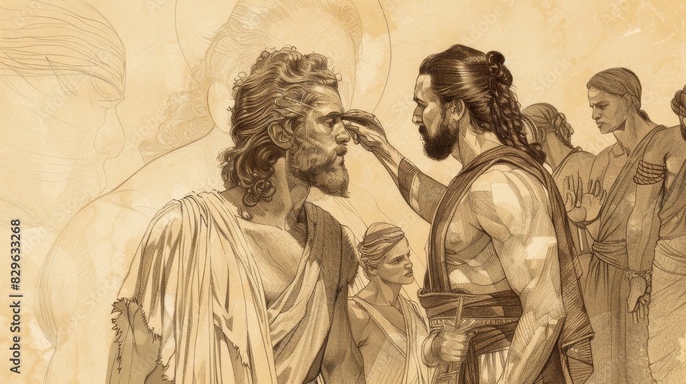 Fototapeta premium Biblical Illustration: Samson's Hair Cut by Delilah, Philistines in Shadows, Strength Lost, Beige Background, Copyspace