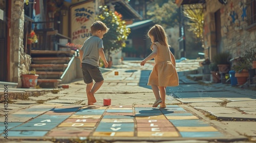 Children playing hopscotch on the sidewalk, Classic playground game, Outdoor play, Active playtime, Childhood fun photo