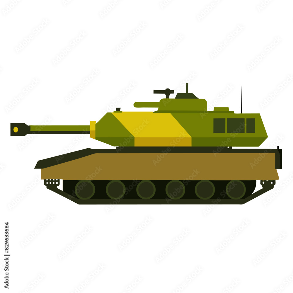 Green and yellow combat vehicle with cannon on white background, in grass Green and yellow combat vehicle with cannon on white background, in grass